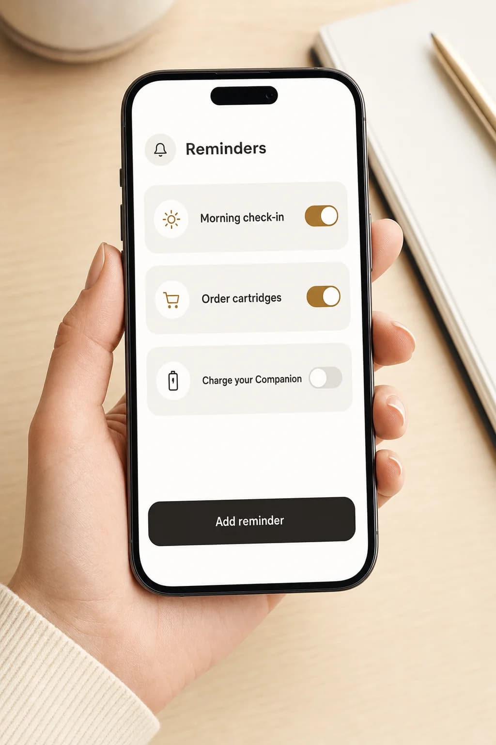 A phone showing the GoldN Companion app reminders screen