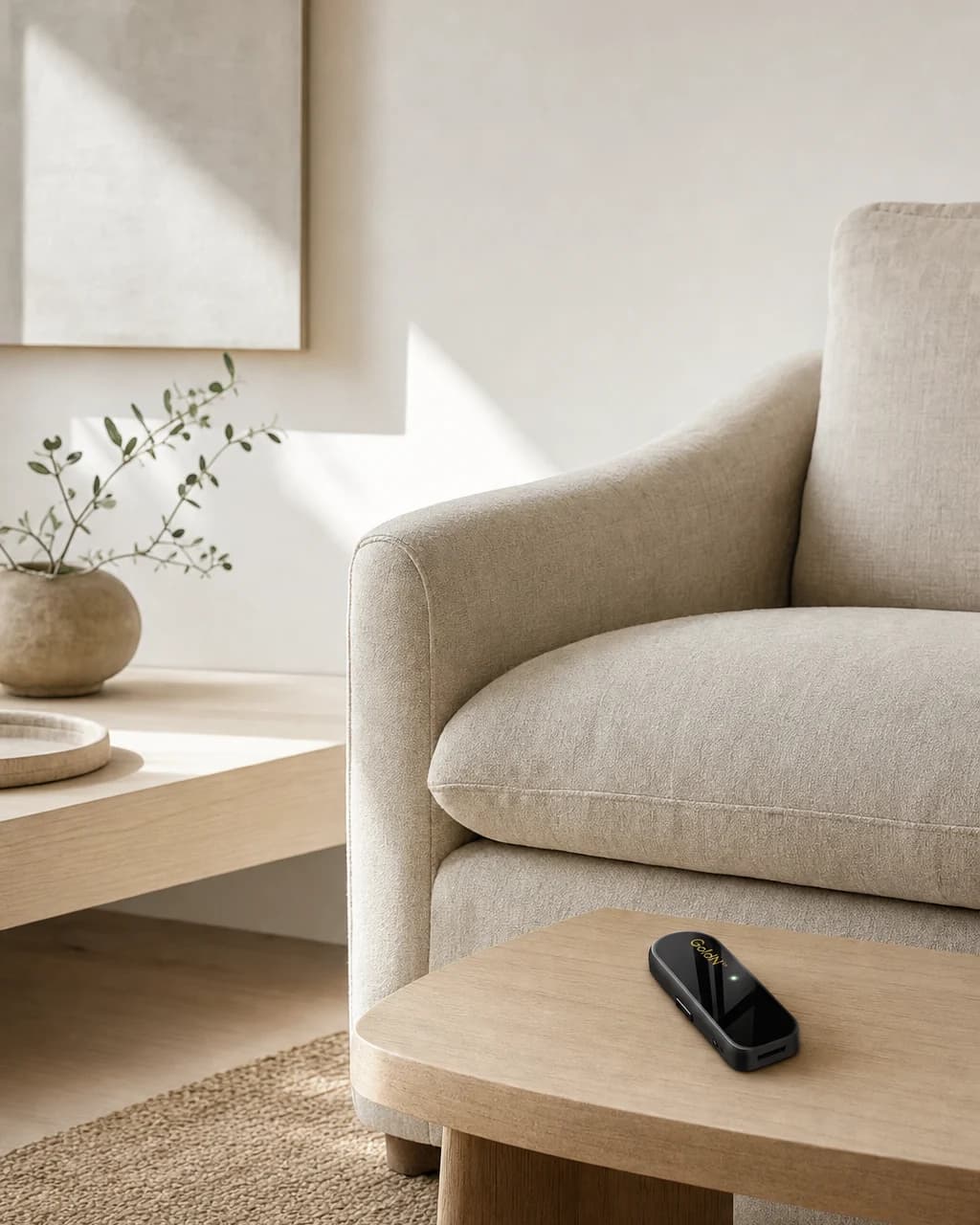 A calm, sunlit room with the GoldN Companion resting on a low side table