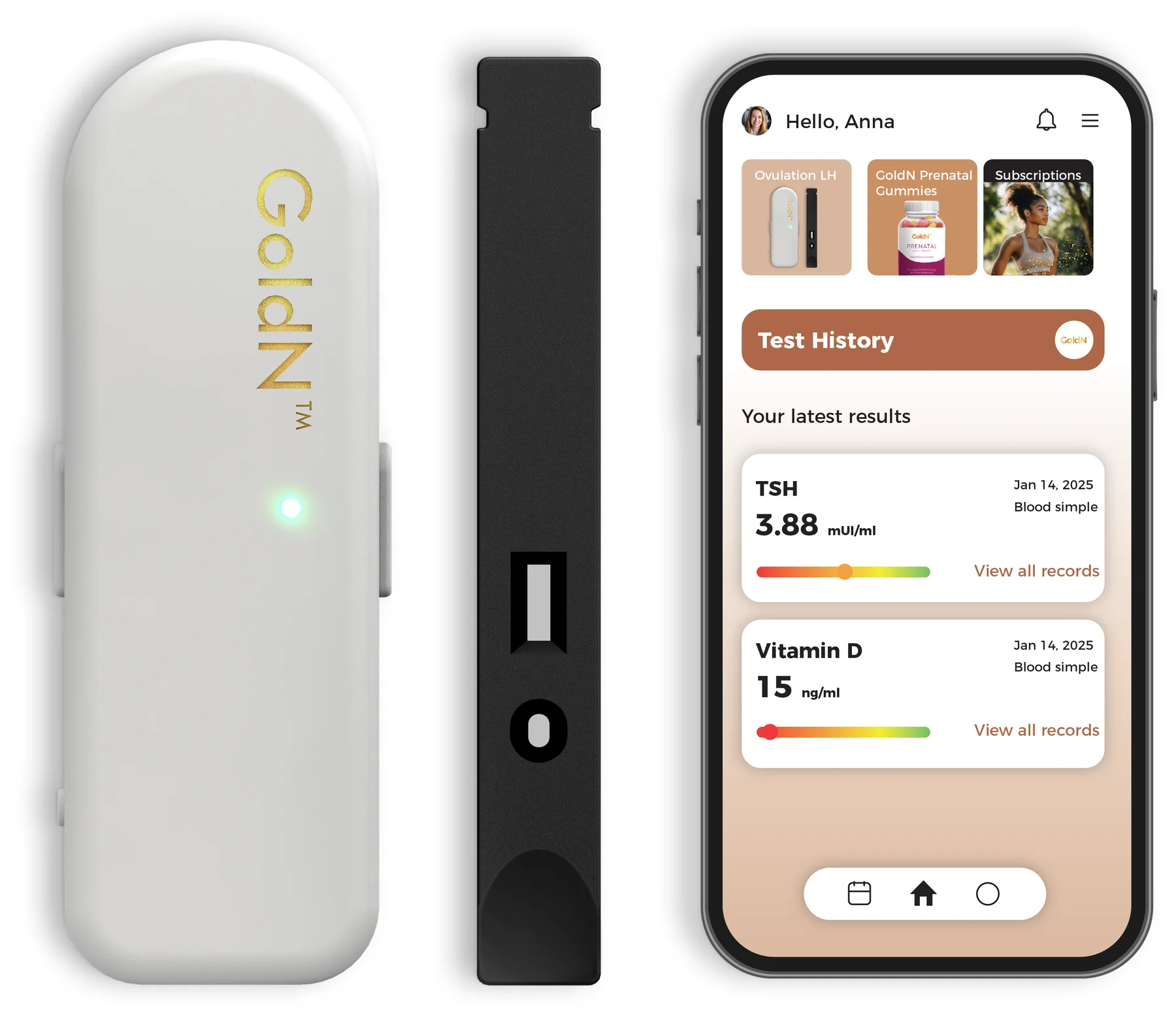 GoldN Companion handheld reader, cassette, and companion app home on a phone