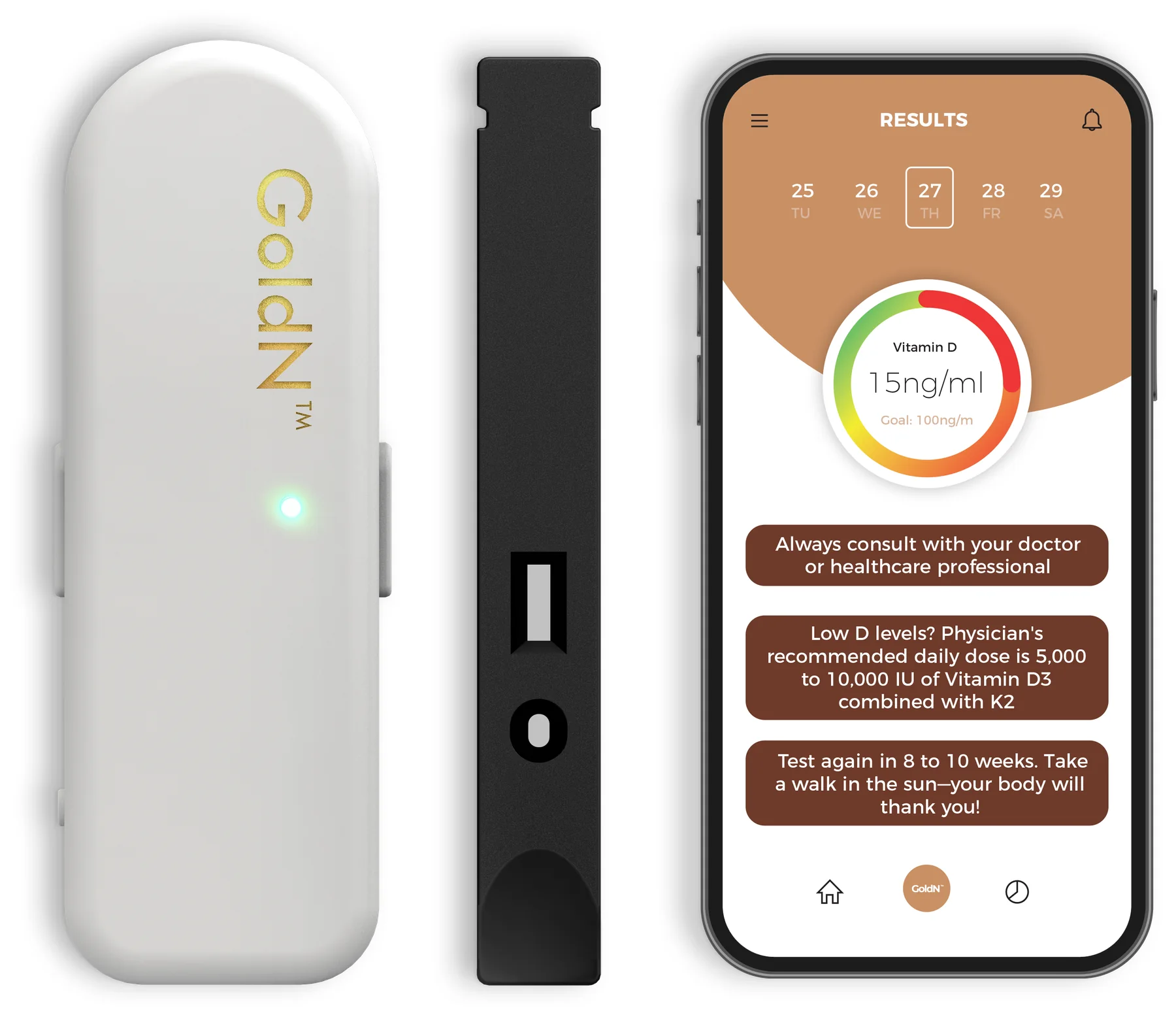 GoldN Companion handheld reader, cassette, and companion app results on a phone